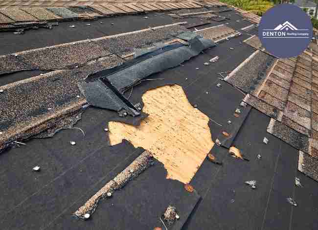 Storm-damaged shingles exposing roof decking underneath